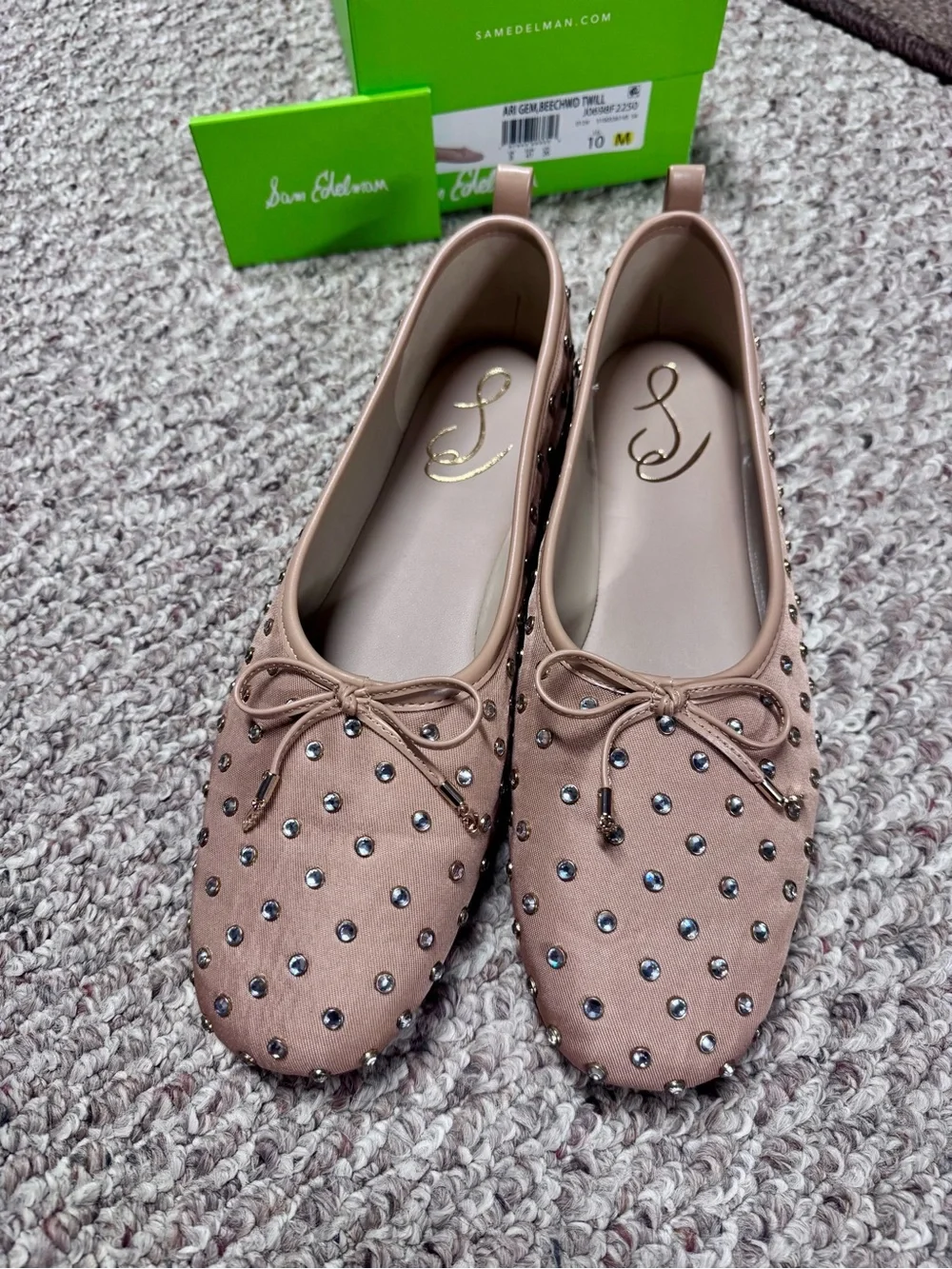 Sam Edelman Ari Gem Embellished Ballet Flats Blush Pink 10M | Rhinestone Bow